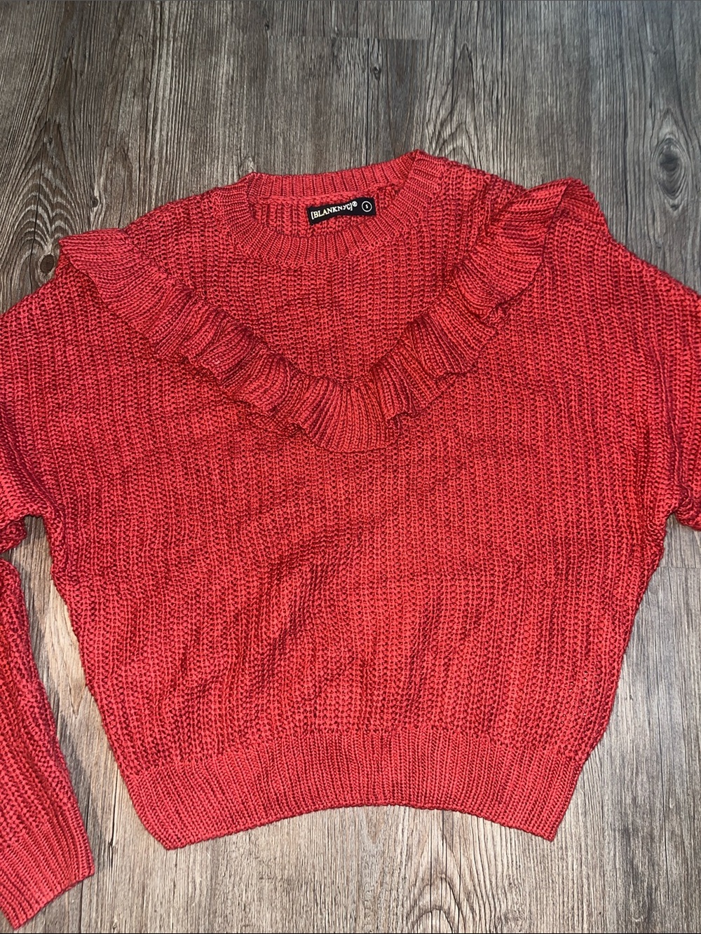 BLANK NYC Red Ruffle-Trim Crewneck Sweater